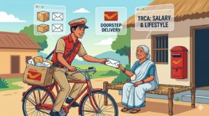 An illustrative infographic styled matching image_0.png and image_2.png, showing a smiling male Gramin Dak Sevak on an India Post bicycle delivering mail to an elderly woman in a peaceful rural village. Floating transparent icons above them label 'DOORSTEP DELIVERY' and 'TRCA: SALARY & LIFESTYLE', highlighting the job benefits.