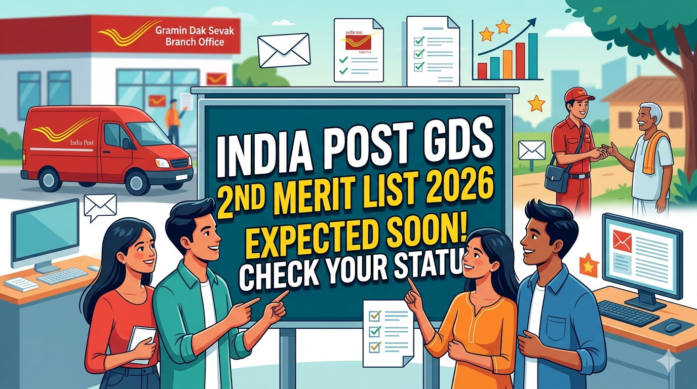 An illustrative infographic shows hopeful young Indians pointing at a screen that says "INDIA POST GDS 2ND MERIT LIST 2026 EXPECTED SOON! CHECK YOUR STATUS". The background includes a rural-urban branch office, a delivery van, and a mail carrier.