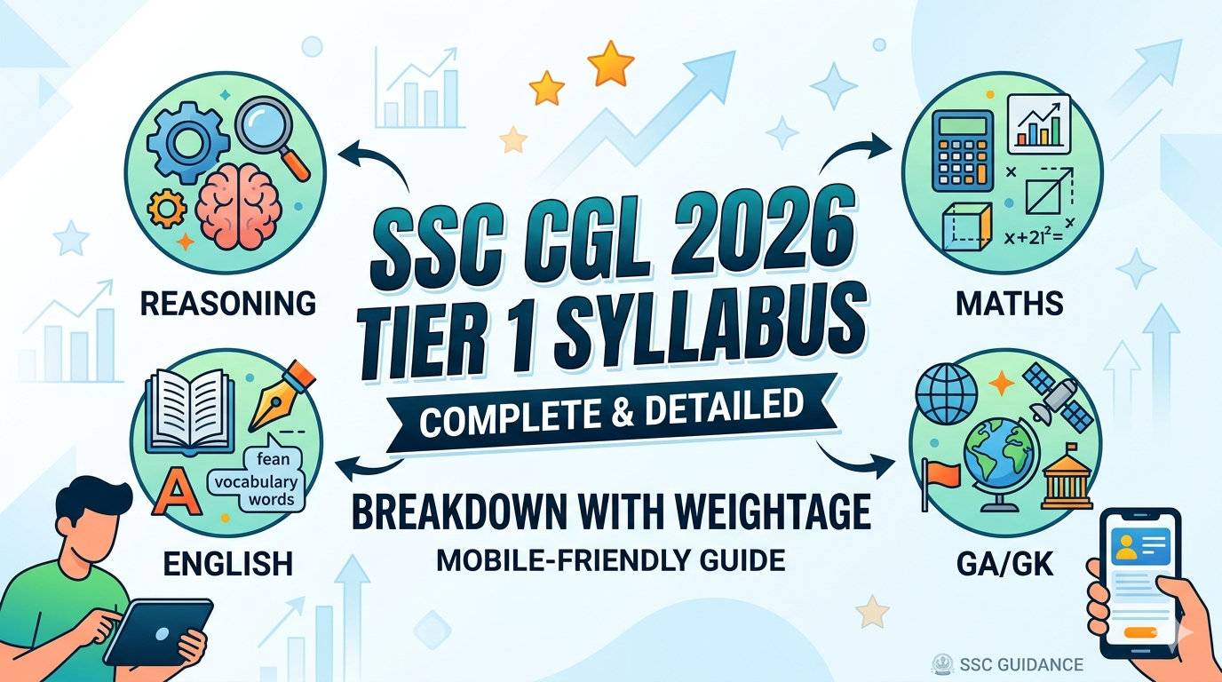 Infographic showing SSC CGL 2026 Tier 1 Syllabus with subject-wise marks weightage for Maths, Reasoning, English, and GK.