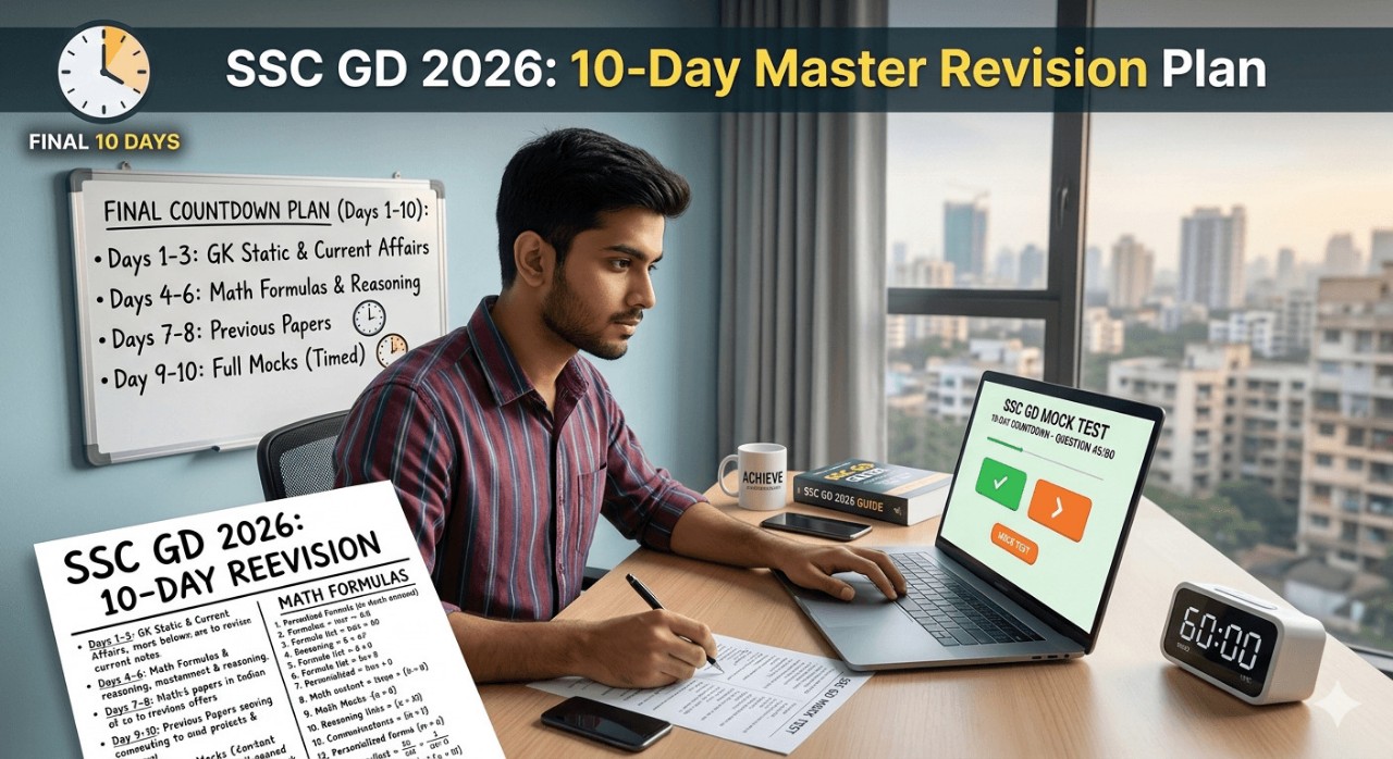 Student studying for SSC GD 2026 with a 10-day master revision plan and mock test on laptop