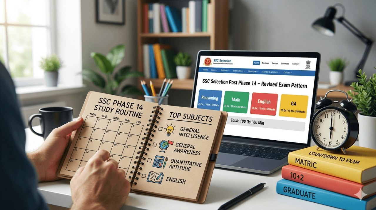 SSC Selection Post Phase 14 Syllabus and Revised Exam Pattern 2026 Infographic showing study routine and subjects