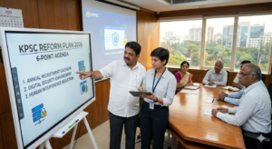 "Karnataka government officials and IT experts in Bengaluru reviewing the 2026 KPSC 6-Point Reform Plan, including details on annual recruitment calendar and digital security on an interactive whiteboard."