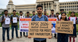 "Peaceful group of young KPSC aspirants protesting outside Vidhana Soudha in Bengaluru, holding signs demanding justice for merit following the 2026 Gazetted Probationers controversy."