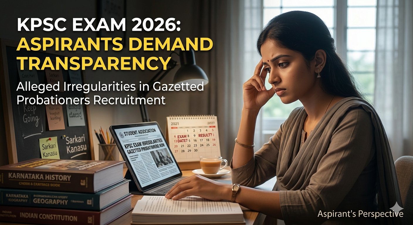 "Frustrated female KPSC aspirant in Karnataka looking at news about Gazetted Probationers exam fraud controversy and 15 candidates clearing from one room."