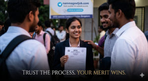 "Successful young KPSC Gazetted Probationers aspirants in Bengaluru celebrating after receiving their official certification, holding signs about trusting the process and merit wins, with nammagovtjob.com branding in the background."