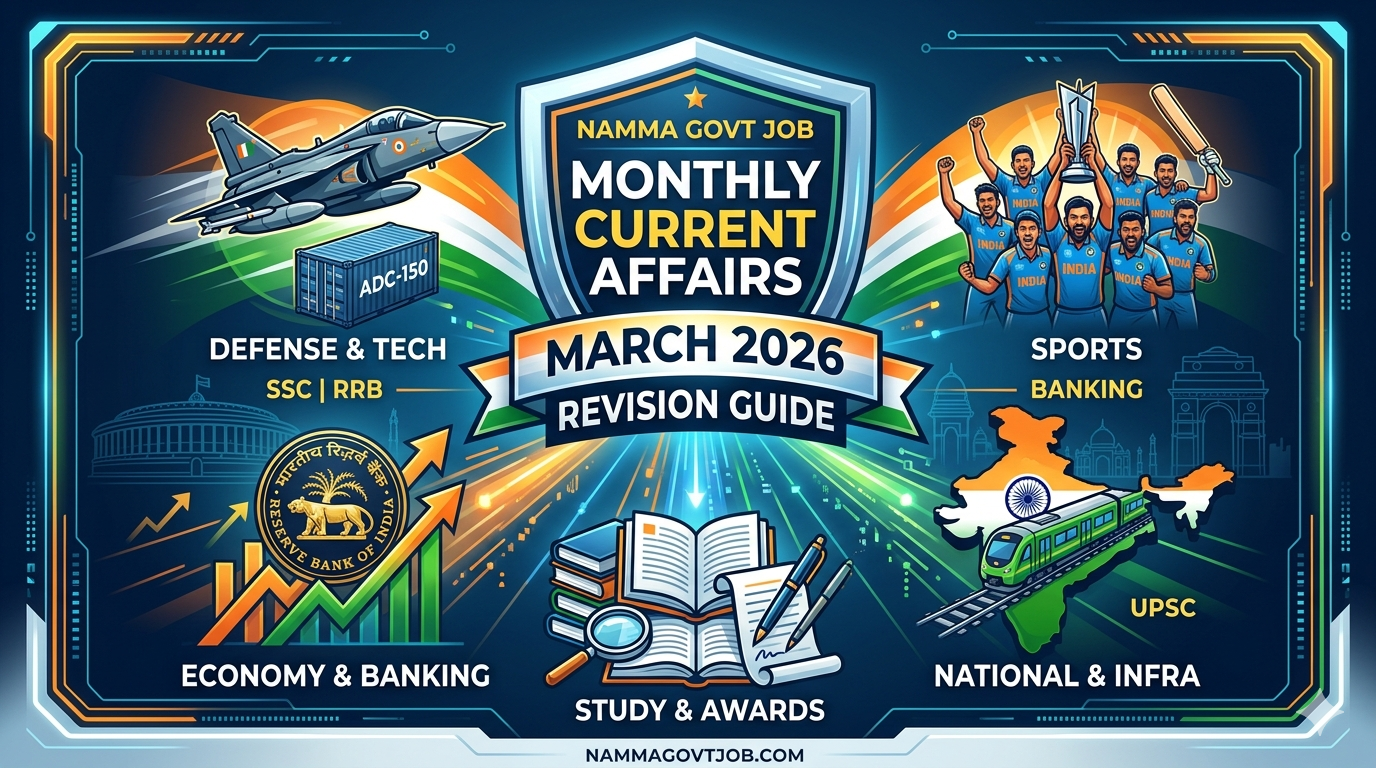 Digital illustration of March 2026 current affairs highlights for Indian government exams (SSC, RRB, Banking, UPSC) featuring the Indian T20 World Cup victory, a Tejas fighter jet, the RBI building, and study materials, from the Namma Govt Job exam portal.