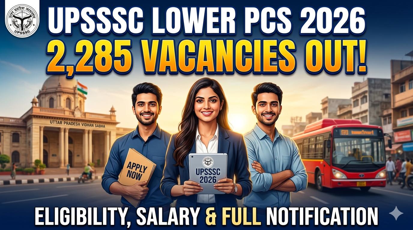 UPSSSC Lower PCS 2026 Recruitment Notification for 2,285 vacancies, featuring three Indian aspirants and the UP Vidhan Sabha.